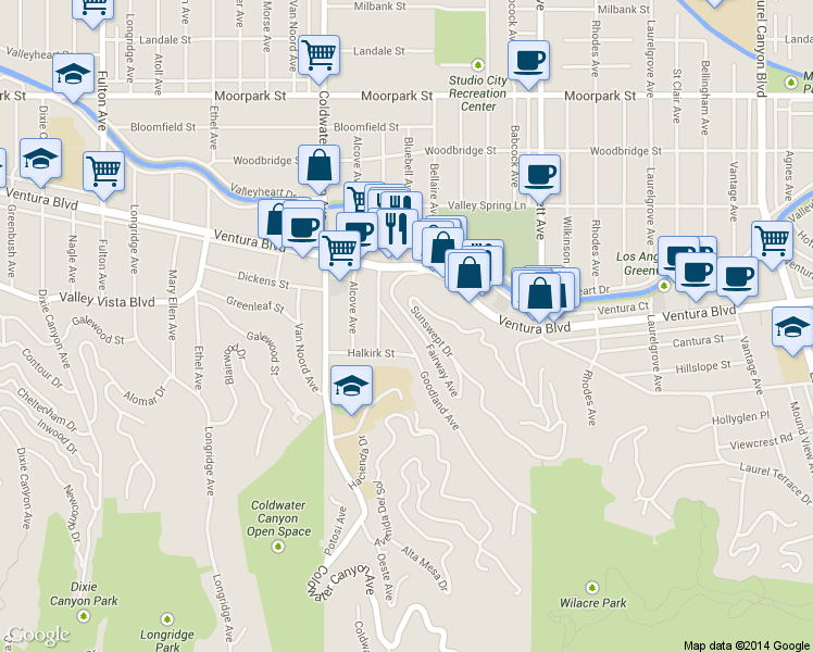 map of restaurants, bars, coffee shops, grocery stores, and more near 3976 Goodland Avenue in Los Angeles
