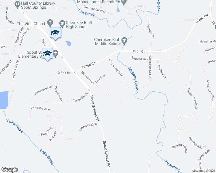 map of restaurants, bars, coffee shops, grocery stores, and more near 5613 Ryan Way in Flowery Branch