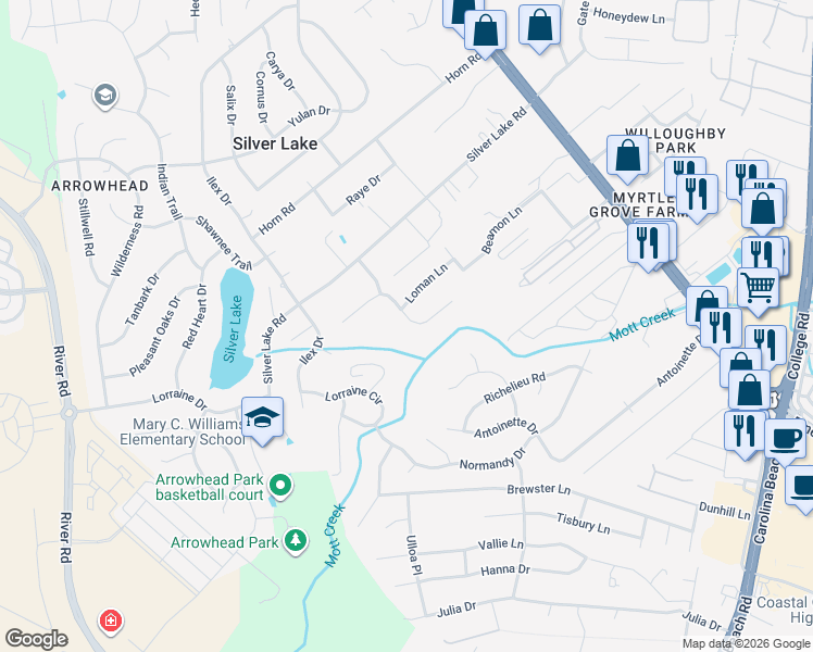 map of restaurants, bars, coffee shops, grocery stores, and more near 443 Motts Creek Road in Wilmington
