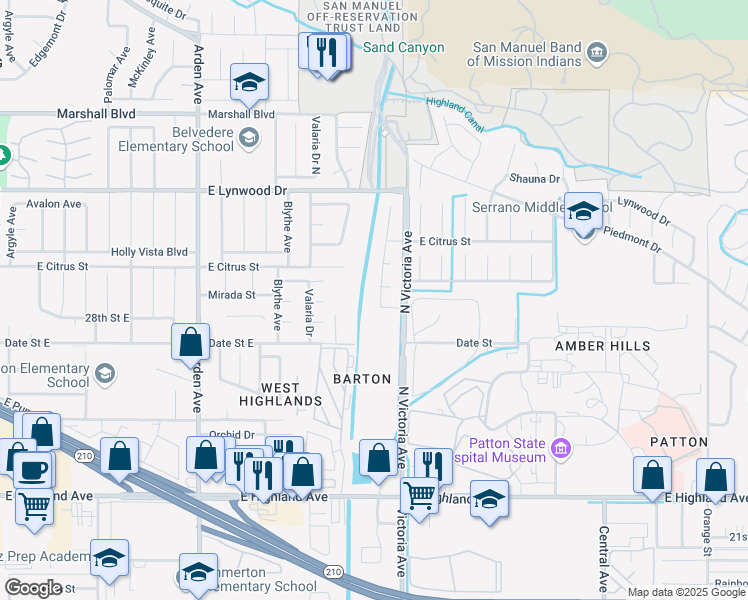 map of restaurants, bars, coffee shops, grocery stores, and more near 2816 Los Feliz Drive in Highland