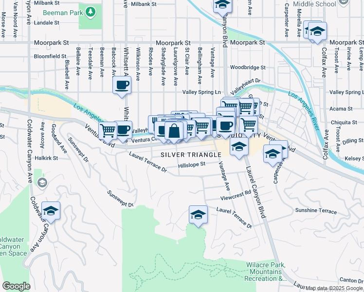 map of restaurants, bars, coffee shops, grocery stores, and more near 12266 Ventura Boulevard in Los Angeles