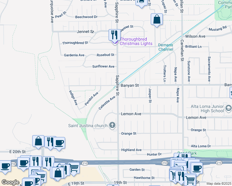 map of restaurants, bars, coffee shops, grocery stores, and more near 6132 Celestite Avenue in Rancho Cucamonga
