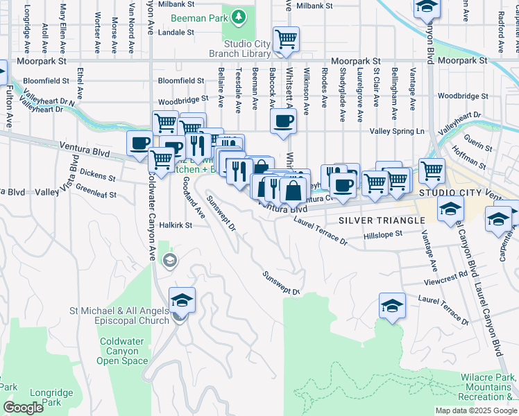 map of restaurants, bars, coffee shops, grocery stores, and more near 12552 Ventura Boulevard in Los Angeles
