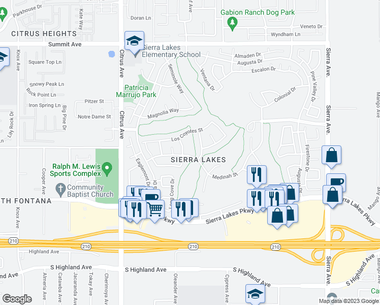 map of restaurants, bars, coffee shops, grocery stores, and more near 16366 Medinah Street in Fontana