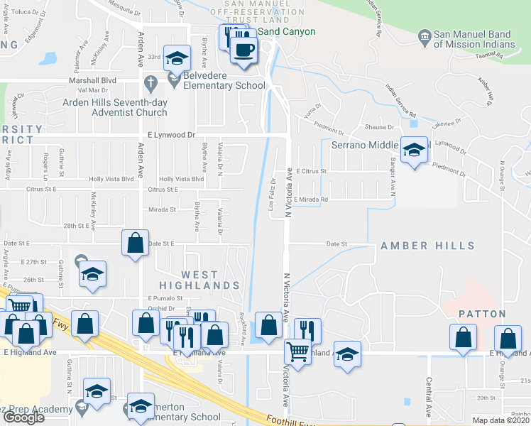 map of restaurants, bars, coffee shops, grocery stores, and more near 2816 Los Feliz Drive in Highland
