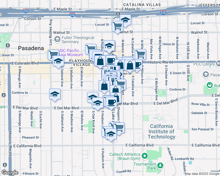 map of restaurants, bars, coffee shops, grocery stores, and more near 175 South Lake Avenue in Pasadena