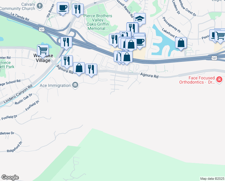 map of restaurants, bars, coffee shops, grocery stores, and more near 30993 Old Colony Way in Westlake Village