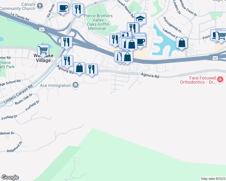 map of restaurants, bars, coffee shops, grocery stores, and more near 31008 Old Colony Way in Westlake Village