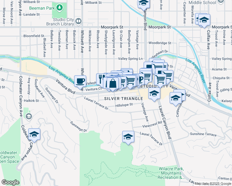 map of restaurants, bars, coffee shops, grocery stores, and more near 12266 Ventura Boulevard in Los Angeles