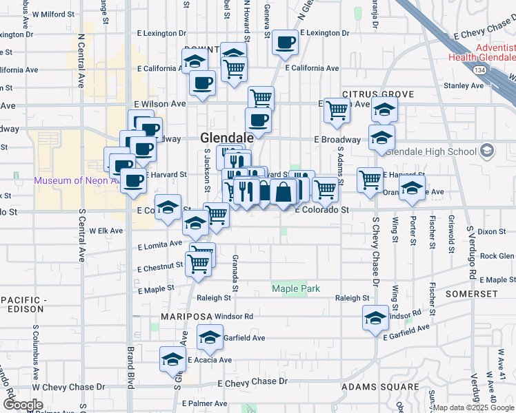 map of restaurants, bars, coffee shops, grocery stores, and more near 703 East Colorado Street in Glendale