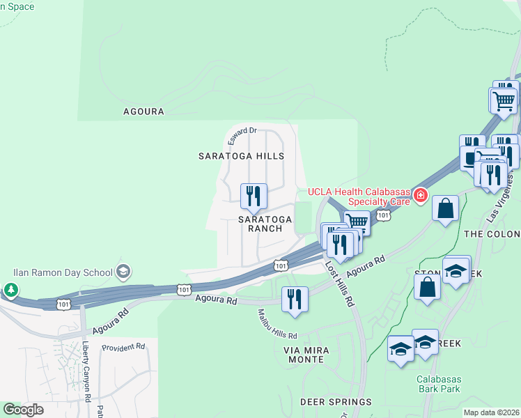 map of restaurants, bars, coffee shops, grocery stores, and more near 26969 Helmond Drive in Agoura Hills