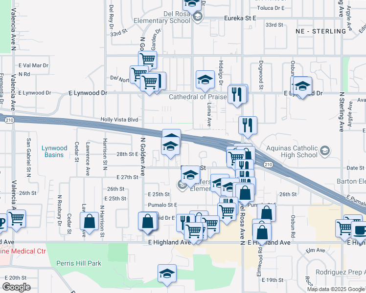 map of restaurants, bars, coffee shops, grocery stores, and more near 2810 North Erwin Avenue in San Bernardino