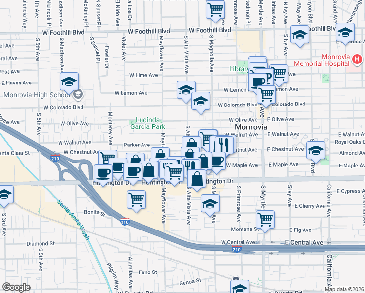 map of restaurants, bars, coffee shops, grocery stores, and more near 411 West Chestnut Avenue in Monrovia