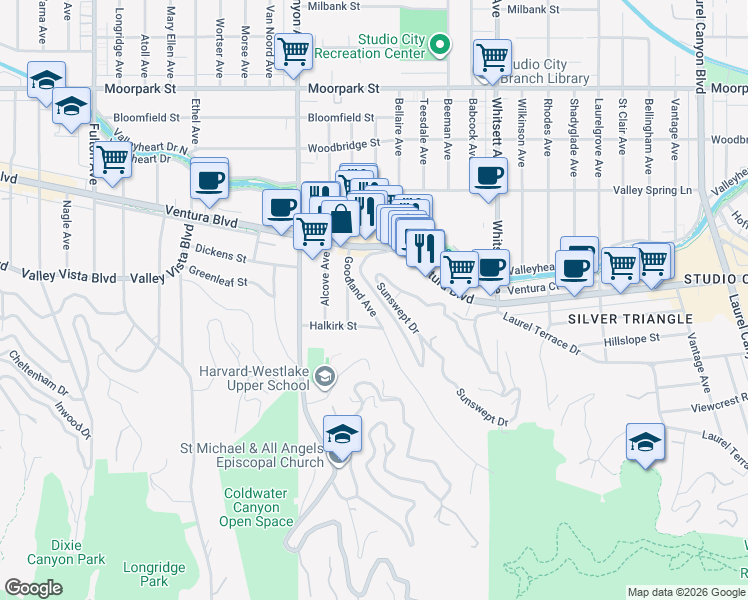 map of restaurants, bars, coffee shops, grocery stores, and more near 3976 Goodland Avenue in Los Angeles