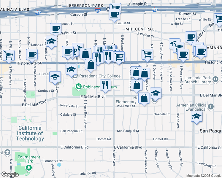 map of restaurants, bars, coffee shops, grocery stores, and more near 175 South Allen Avenue in Pasadena