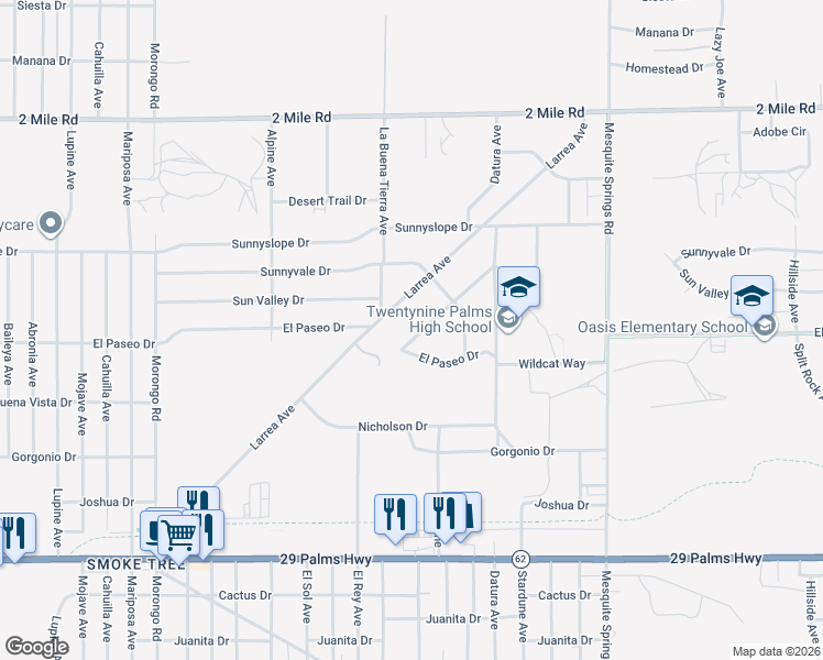 map of restaurants, bars, coffee shops, grocery stores, and more near 72550 Granite Avenue in Twentynine Palms