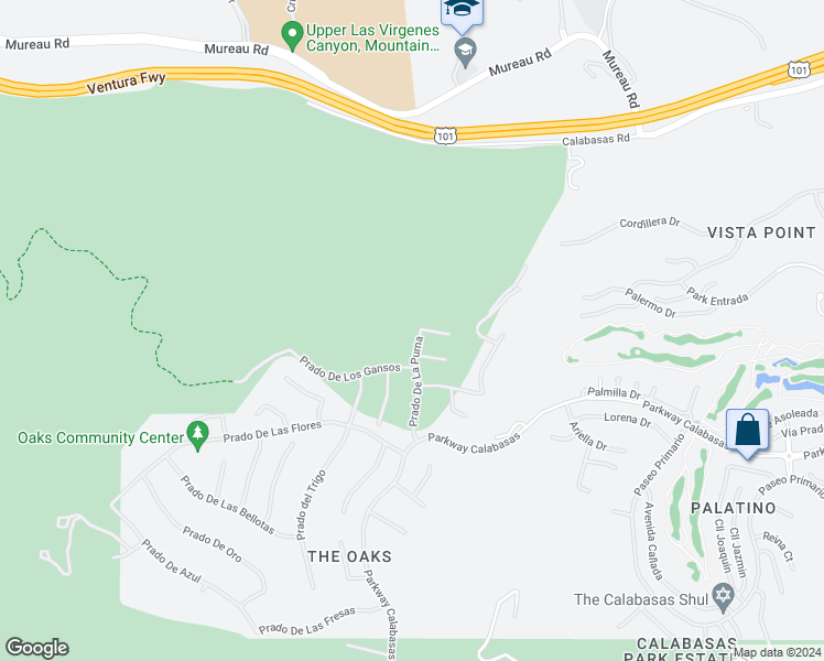 map of restaurants, bars, coffee shops, grocery stores, and more near 4205 Prado De La Puma in Calabasas