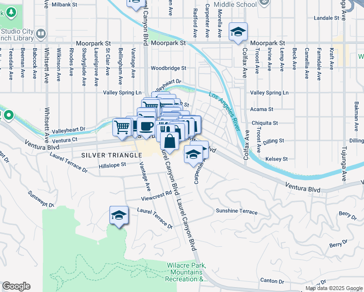 map of restaurants, bars, coffee shops, grocery stores, and more near 11960 Ventura Boulevard in Los Angeles