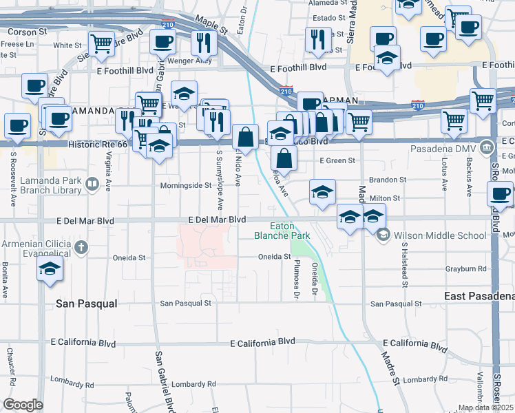 map of restaurants, bars, coffee shops, grocery stores, and more near 187 Ramona Place in Pasadena