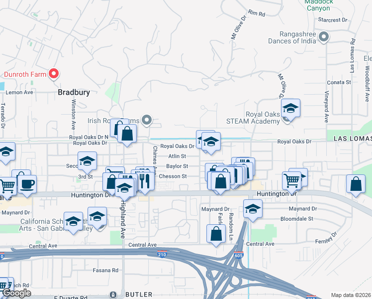map of restaurants, bars, coffee shops, grocery stores, and more near 2024 Royal Oaks Drive in Duarte