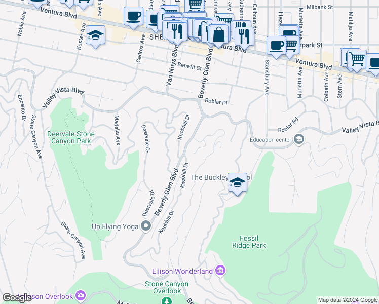 map of restaurants, bars, coffee shops, grocery stores, and more near 3964 Beverly Glen Boulevard in Los Angeles