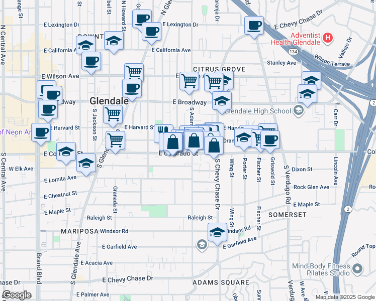 map of restaurants, bars, coffee shops, grocery stores, and more near 1019 East Colorado Street in Glendale