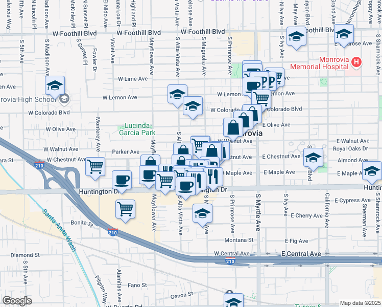 map of restaurants, bars, coffee shops, grocery stores, and more near 335 West Chestnut Avenue in Monrovia