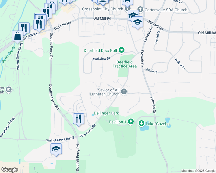 map of restaurants, bars, coffee shops, grocery stores, and more near 9 Victoria Drive in Cartersville