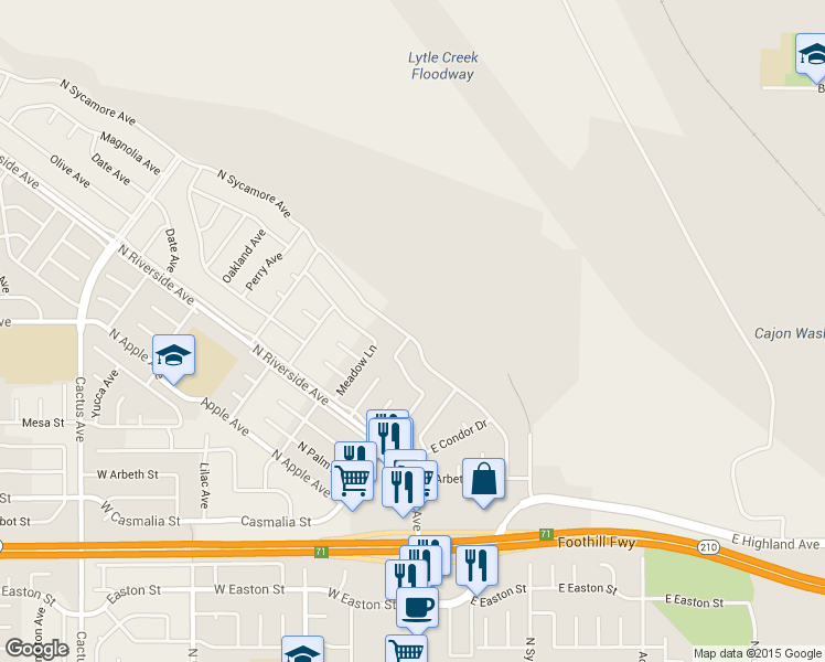 map of restaurants, bars, coffee shops, grocery stores, and more near 2389 N Sycamore Ave in Rialto