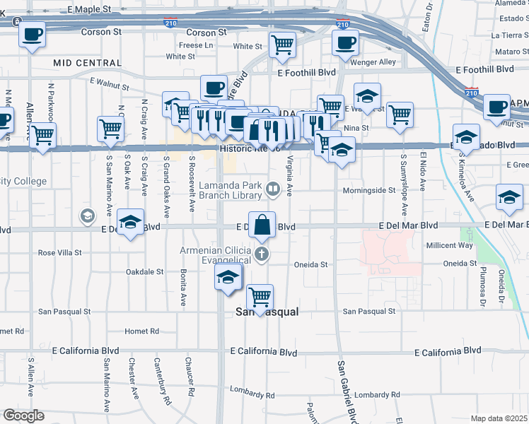 map of restaurants, bars, coffee shops, grocery stores, and more near 177 South Altadena Drive in Pasadena
