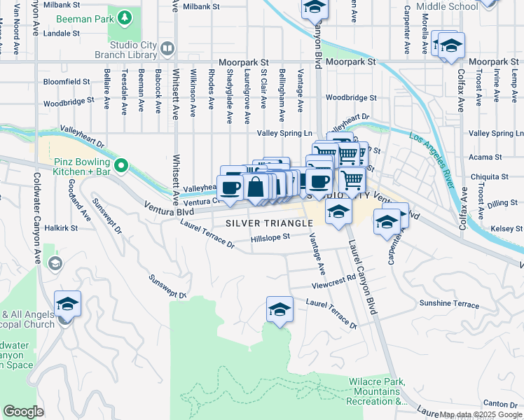 map of restaurants, bars, coffee shops, grocery stores, and more near 12224 Ventura Boulevard in Los Angeles