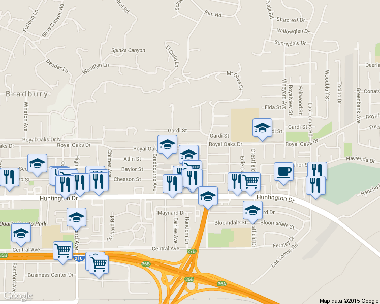 map of restaurants, bars, coffee shops, grocery stores, and more near 2200 Oakhaven Drive in Duarte