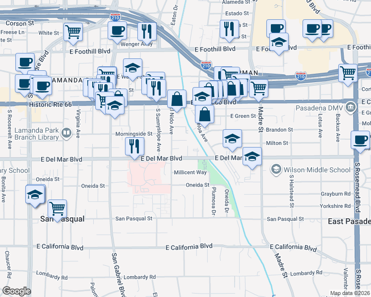 map of restaurants, bars, coffee shops, grocery stores, and more near 187 Ramona Place in Pasadena