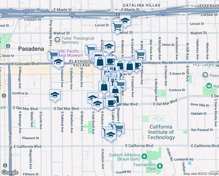 map of restaurants, bars, coffee shops, grocery stores, and more near 175 South Lake Avenue in Pasadena