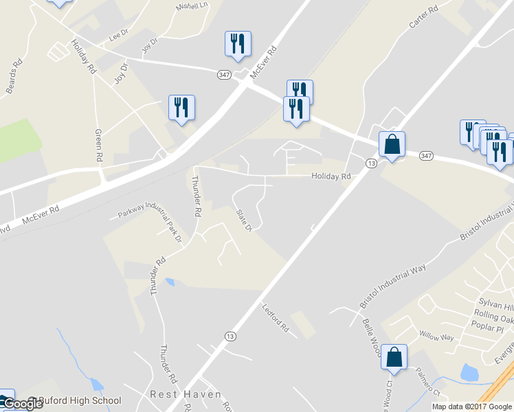 map of restaurants, bars, coffee shops, grocery stores, and more near Slate Drive in Buford