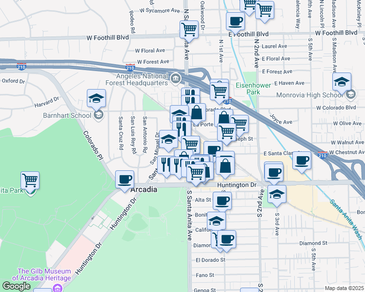 map of restaurants, bars, coffee shops, grocery stores, and more near 251 North Santa Anita Avenue in Arcadia