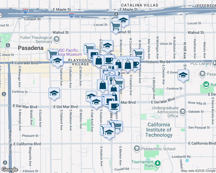 map of restaurants, bars, coffee shops, grocery stores, and more near 175 South Lake Avenue in Pasadena