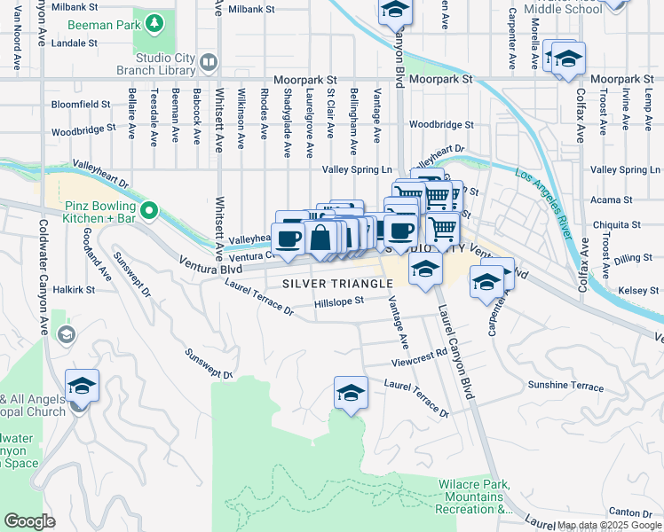 map of restaurants, bars, coffee shops, grocery stores, and more near 12224 Ventura Boulevard in Los Angeles