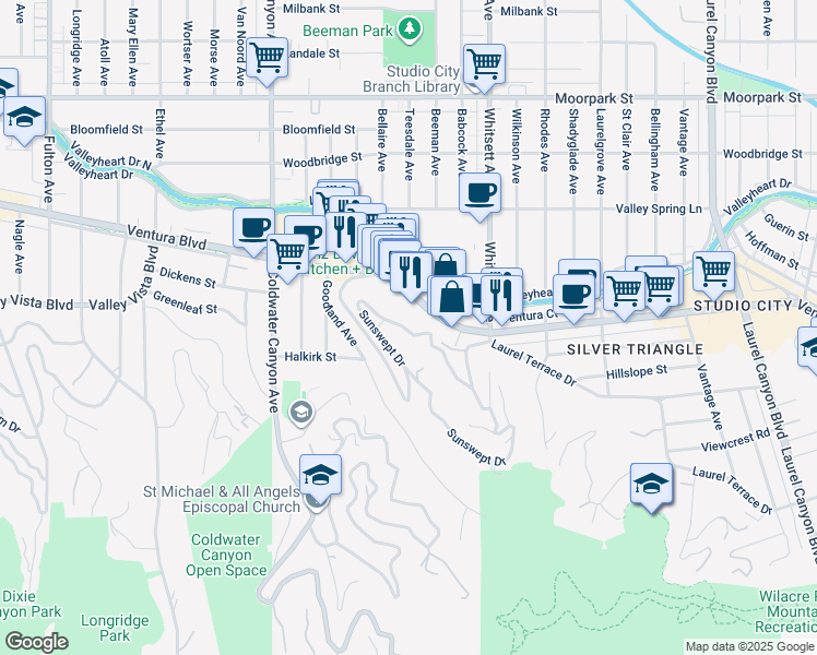 map of restaurants, bars, coffee shops, grocery stores, and more near 4029 Sunswept Drive in Los Angeles