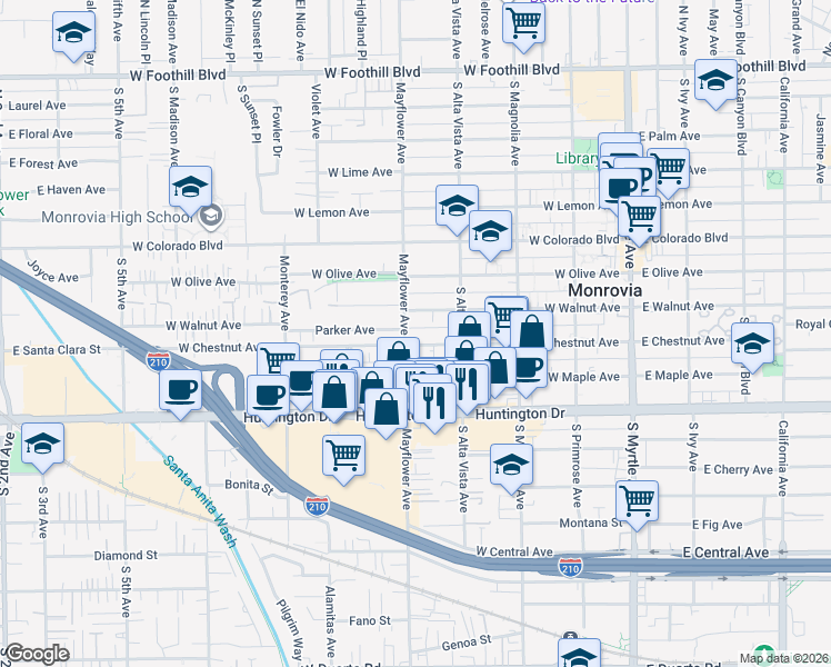 map of restaurants, bars, coffee shops, grocery stores, and more near 814 Mayflower Avenue in Monrovia