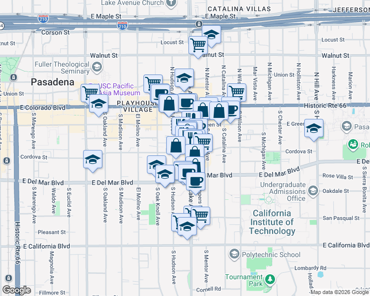 map of restaurants, bars, coffee shops, grocery stores, and more near 175 South Lake Avenue in Pasadena