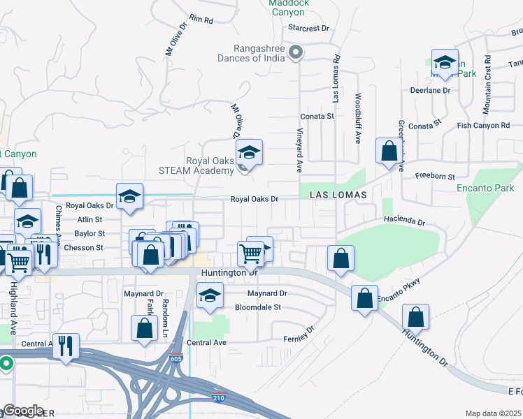 map of restaurants, bars, coffee shops, grocery stores, and more near 814 Crestfield Drive in Duarte