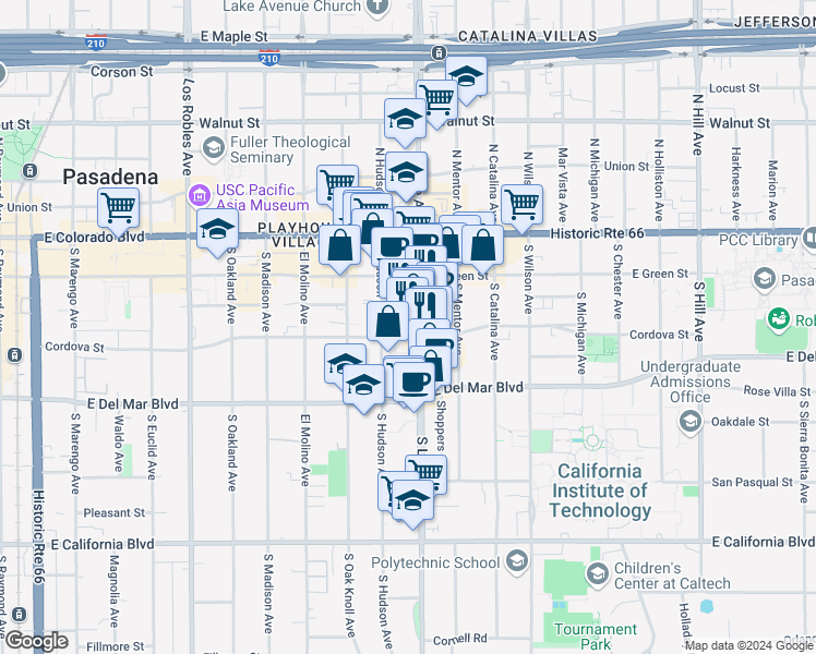 map of restaurants, bars, coffee shops, grocery stores, and more near 175 South Lake Avenue in Pasadena