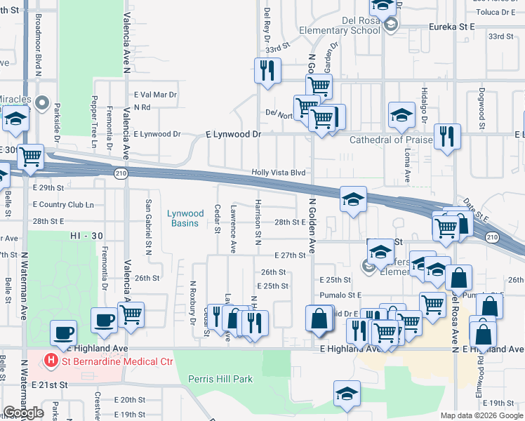 map of restaurants, bars, coffee shops, grocery stores, and more near 1105 East Mirada Road in San Bernardino