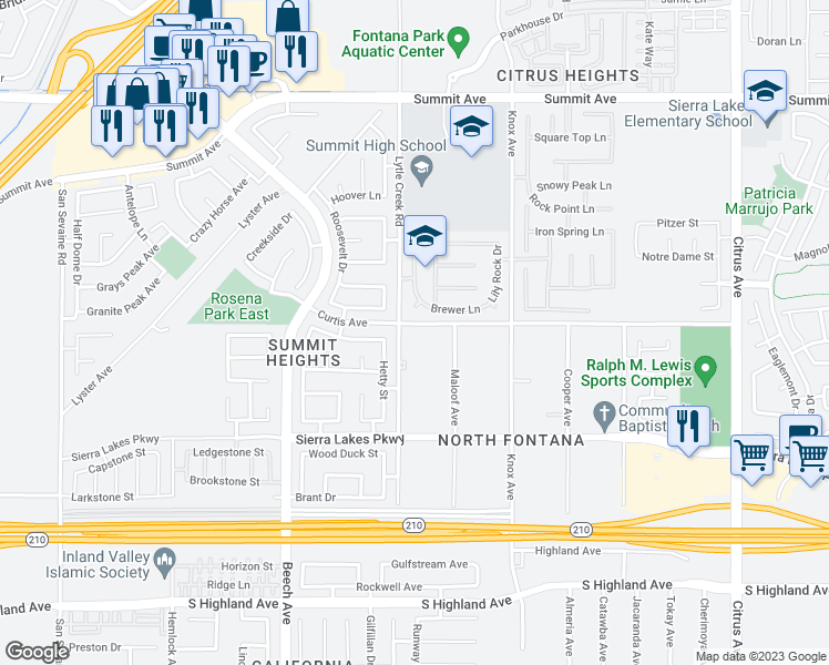 map of restaurants, bars, coffee shops, grocery stores, and more near 6113 Lytle Creek Road in Fontana