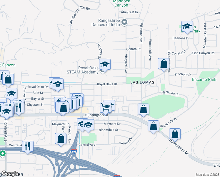 map of restaurants, bars, coffee shops, grocery stores, and more near 814 Crestfield Drive in Duarte
