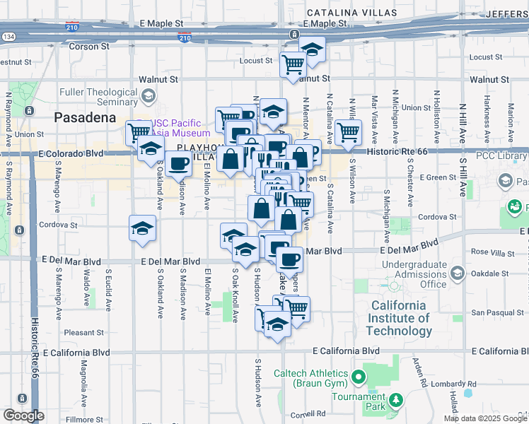 map of restaurants, bars, coffee shops, grocery stores, and more near in Pasadena
