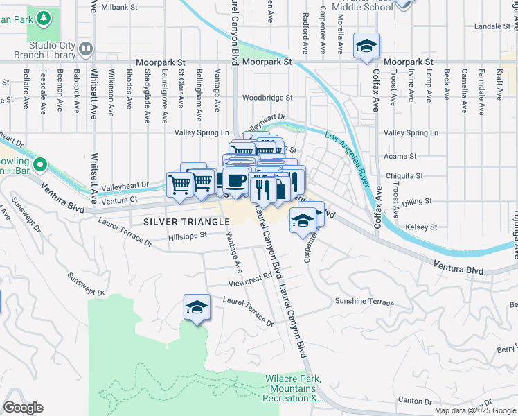 map of restaurants, bars, coffee shops, grocery stores, and more near 3930 Laurel Canyon Blvd in Studio City