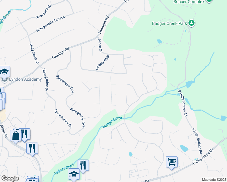 map of restaurants, bars, coffee shops, grocery stores, and more near 1094 Ashlin Drive in Woodstock
