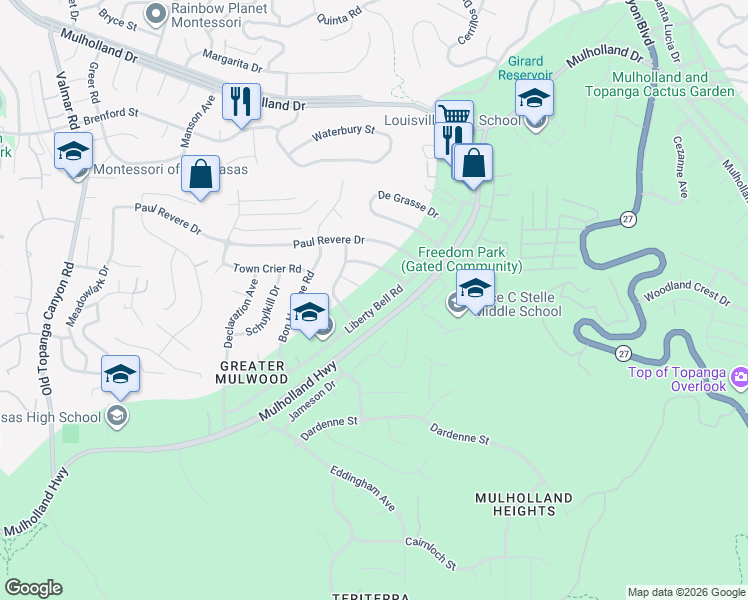 map of restaurants, bars, coffee shops, grocery stores, and more near 22477 Liberty Bell Road in Calabasas